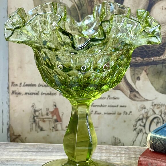 Fenton Thumbprint Colonial Green Double Crimp Designed Round Compote - Picture 3 of 7